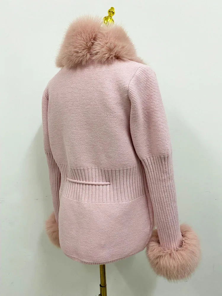 ZADORIN Autumn Winter Women Faux Fur Coat Luxury Knitted Sweater Fur Cardigan Detachable Collar White Pink Jacket Faux Fur Coats