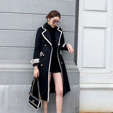 Women White Long Woolen Coat Autumn Winter British Hepburn Style Thicken Slim Double-Breasted Woolen Coat New Women Outwear