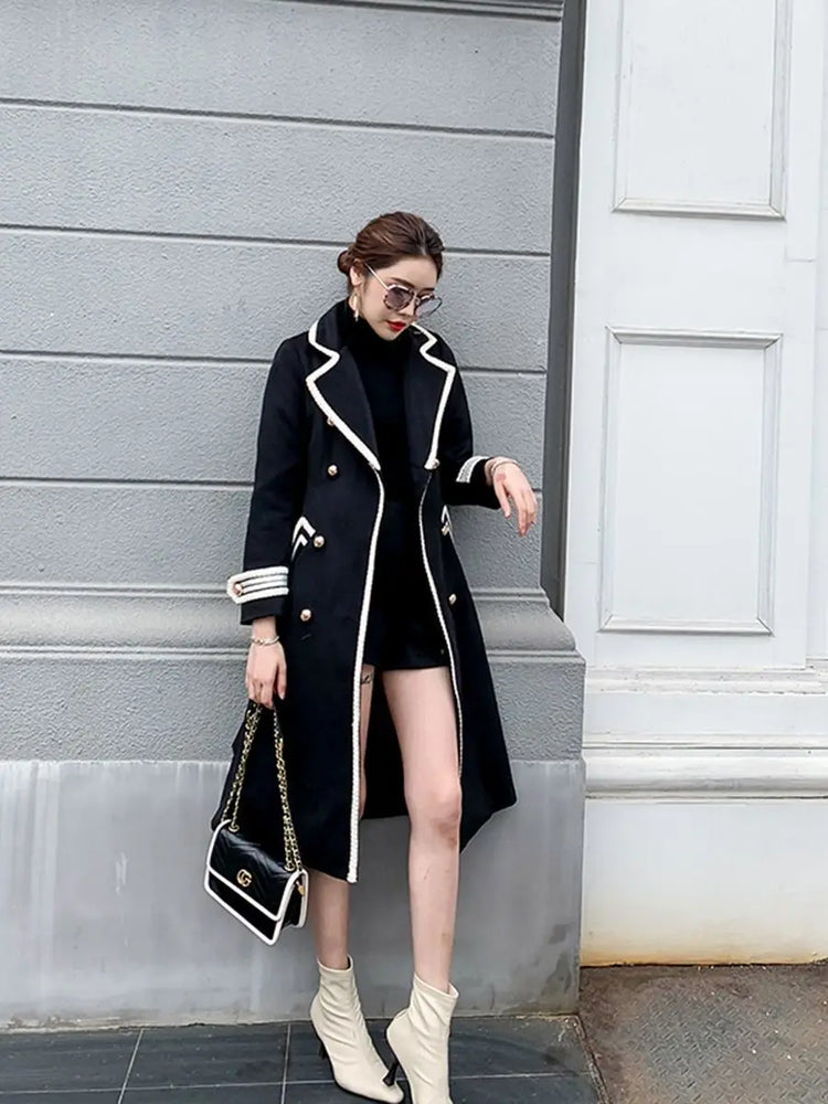 Women White Long Woolen Coat Autumn Winter British Hepburn Style Thicken Slim Double-Breasted Woolen Coat New Women Outwear