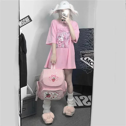 Printemps été Nouvelle version coréenne Harajuku Rose Mignon Anime Cartoon Fille T-shirt à manches courtes ample étudiant haut