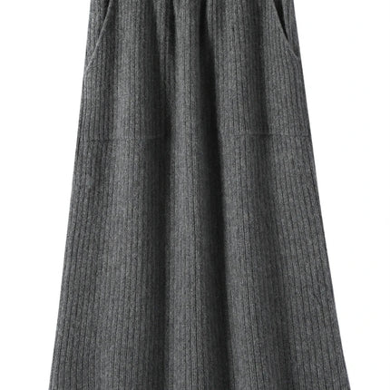 2025 Quality Woman 100% Cashmere Knitwear Thick Basic Skirts Autumn Winter Sexy Long A-Line Drawstring Vertical Stripe  Clothing PlatiNum
