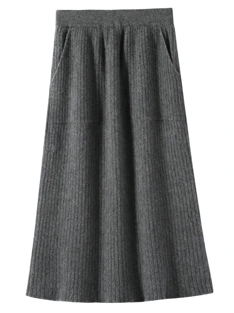 2025 Quality Woman 100% Cashmere Knitwear Thick Basic Skirts Autumn Winter Sexy Long A-Line Drawstring Vertical Stripe  Clothing PlatiNum