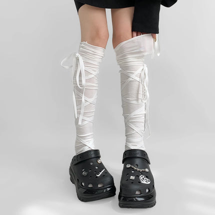 Chaussettes couvre-jambes punk pour femmes avec cravate au mollet Chaussettes à sangle au mollet de danse de ballet Chaussettes fines Y2K Chaussettes cosplay Lolita gothique japonais JK Club