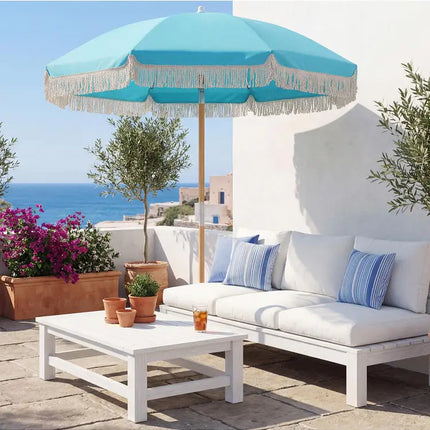Garden Parasol with Fringes, 180cm, Wooden Parasol with 8 Sturdy Ribs, Adjustable Tilt, Automatic Opening, Bohemian Style, Blue