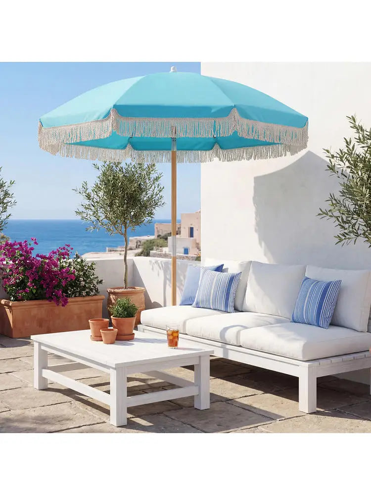 Ombrellone da Giardino con Frange, 180cm, Ombrellone in Legno con 8 Stecche Robuste, Inclinazione Regolabile, Apertura Automatica, Stile Bohémien, Blu