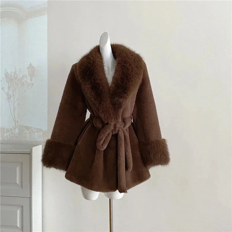 Winter Luxury Women Faux Furs Jackets Coats With Belt Elegant Waist Hugging Slimming Fur Big Collar Thickened Warm Outerwear