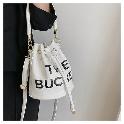 Spring New Fashion Letter PU Leather Bucket Bag Women Simple City Style Shoulder Handbag Trendy Crossbody Satchel Handbag PlatiNum