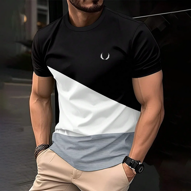 2025 Fashion Men's Color Block Printed T-shirt Casual Streetwear Male Crew Neck T-shirt