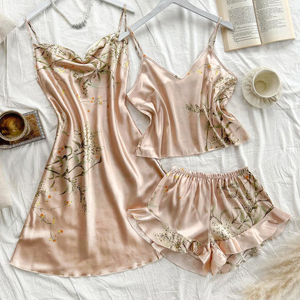 Pigiama da donna con stampa ciliegia Abito allacciato alla moda sexy Set pigiama da donna in 3 pezzi
