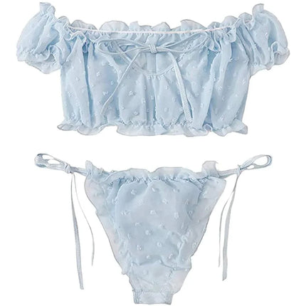 Mesh Dot Printed Off Shoulder Transparent Ruffle Bralette Bra and Panty Thong Underwear Sets Women's Sexy Lingerie Intimates