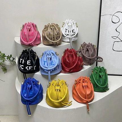 Spring New Fashion Letter PU Leather Bucket Bag Women Simple City Style Shoulder Handbag Trendy Crossbody Satchel Handbag PlatiNum