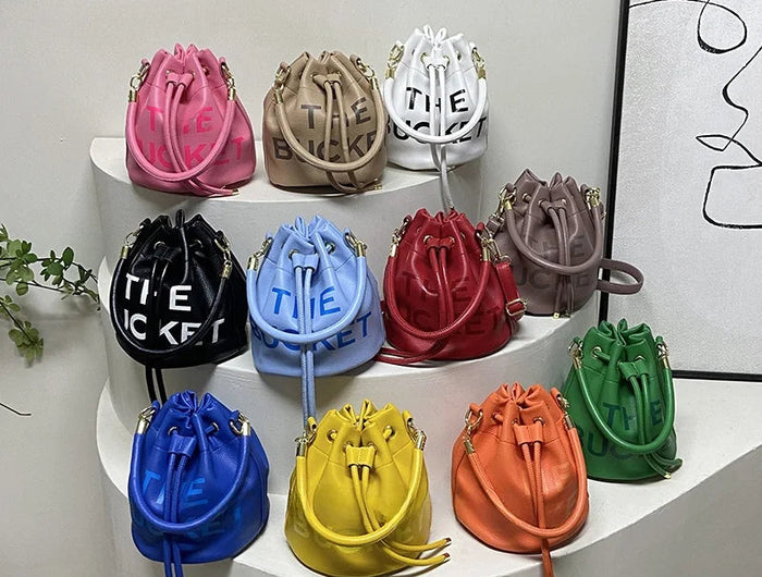 Spring New Fashion Letter PU Leather Bucket Bag Women Simple City Style Shoulder Handbag Trendy Crossbody Satchel Handbag PlatiNum