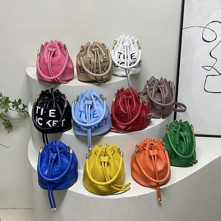 Spring New Fashion Letter PU Leather Bucket Bag Women Simple City Style Shoulder Handbag Trendy Crossbody Satchel Handbag PlatiNum