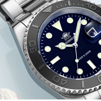 ADDIESDIVE Men's Quartz Watch 200m Waterproof Ceramic Bezel Steel Watch Magnifying Mirror Glass BGW9 Blue Luminous Diving Watch