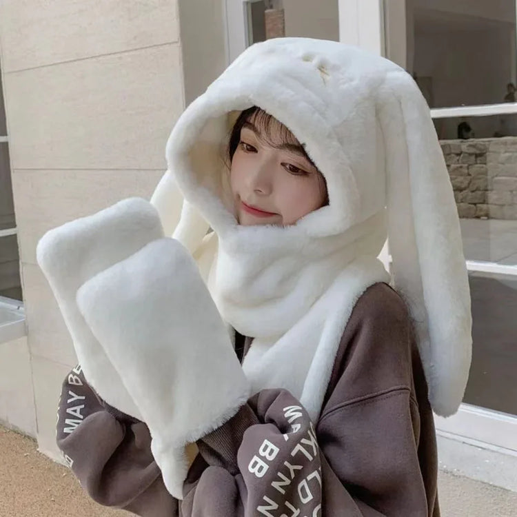 New Fashion Scarf Hat Glove Women Cute Big Ear Bunny Beanie Winter Warm Soft Thickening Pocket Warm Ear Hats Hooded Skullie Caps