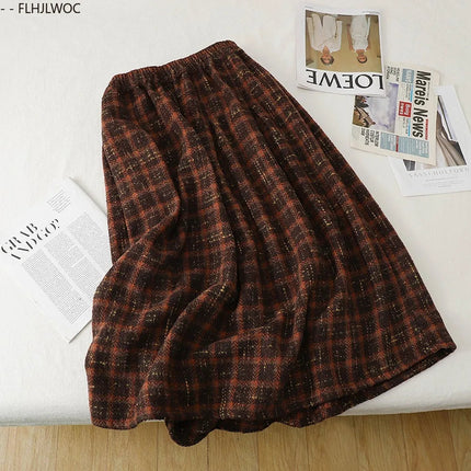 Art Mori Girls Woolen Skirts New 2025 Autumn Winter Basics Woman Cute Sweet Japanese Preppy Style Retro Vintage Long Plaid Skirt PlatiNum
