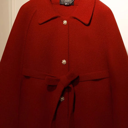French Elegant temperament Wool Jacket Lapel Sleeveless Single-Breasted Lace-up Bow Casual Short Capes Women Autumn Cloak Coat