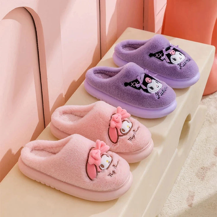 New Kuromi Family Slippers for Autumn and Winter Sanrio Hello Kittye My Melody Cinnamoroll Home Cotton Slippers Festival Gift