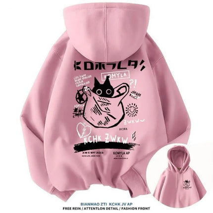Japan Style Black Cat Hoodie Men Women Outdoor Street Casual Fashion Sport Cartoon Longsleeve Adult Autumn Winter Sweatshirt Top