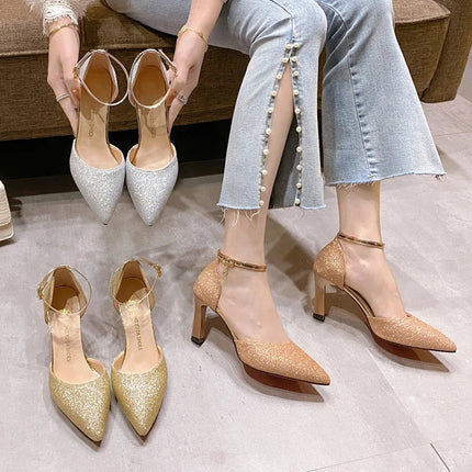 Bling Gold Silver Women Pumps 2023 Sexy Point Toe Thin Heel Party Wedding Shoes Womens Summer Ankle Strap 8cm High Heels Shoes PlatiNum
