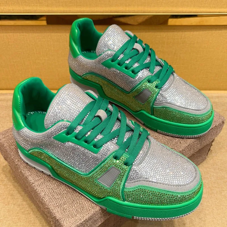 Men Diamonds Crystal Patchwork Suede Genuine Leather Shoes Lace Up Round Toe Thick Bottom Casual Shoes Height Increase Platform