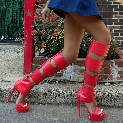 Cut Outs Platform Sandals Thin High Heels Solid Zipper Knee High Women Summer Shoes Open Toe Sexy Style Casual Party Designer