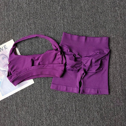 2PCs Peach High Waist Belly Hip Lifting Sports Bras Shorts Suit Gathering Shock-proof Neck Halter Yoga Suit Running Fitness Set