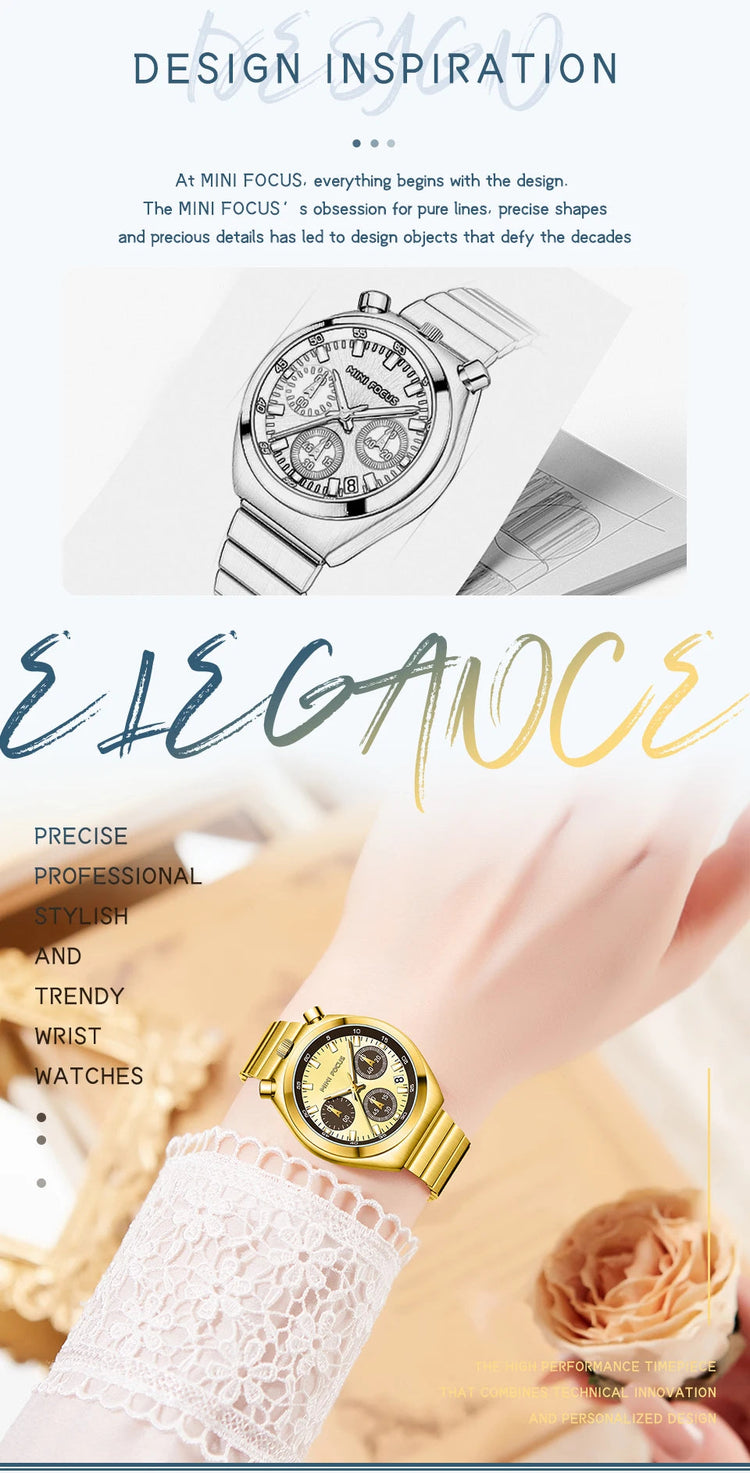 MINI FOCUS Orologio al quarzo verde argento per donna Orologio da polso cronografo con cinturino in acciaio inossidabile moda con lancette luminose Data 0491 platinumshop