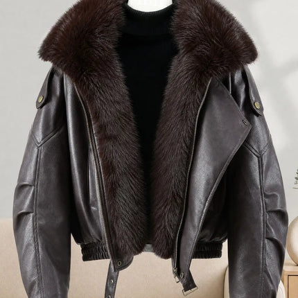 New Parkas Women Leather Jacket Big Fur Collar Tooling Cotton Jacket 2026 Winter Thicke Warm Cotton Padded Coat Female Outerwear