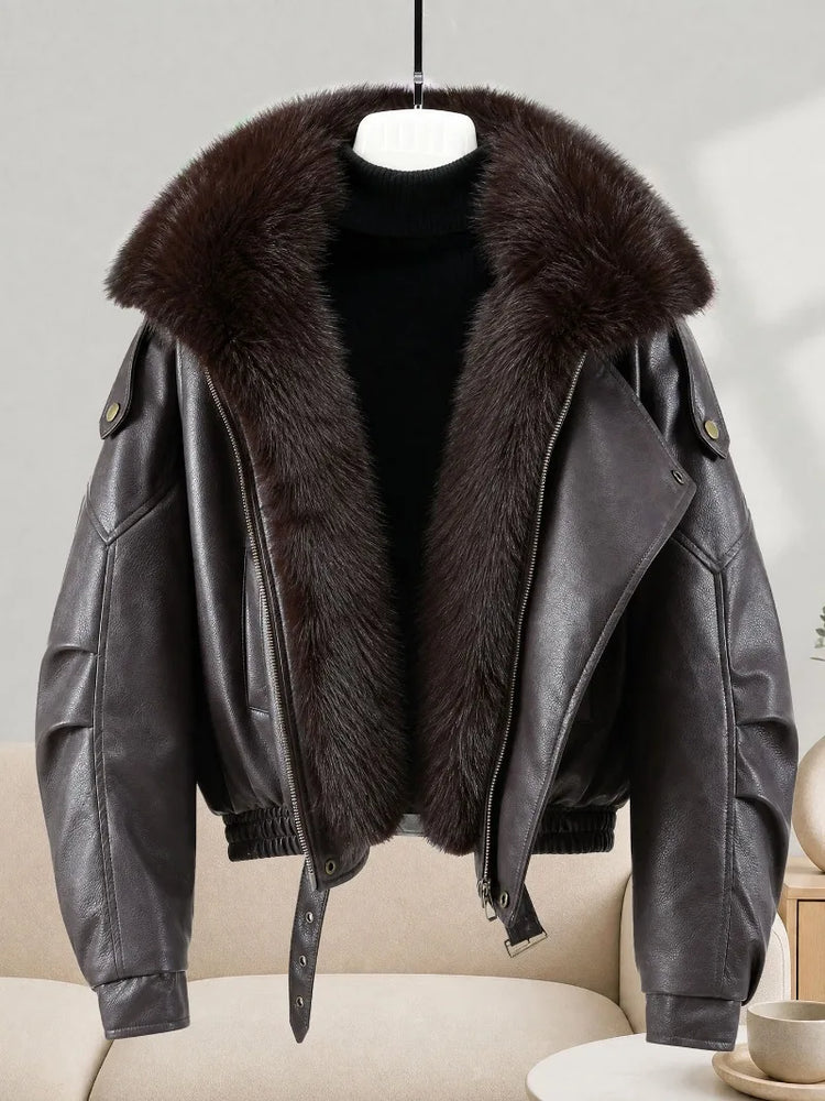 New Parkas Women Leather Jacket Big Fur Collar Tooling Cotton Jacket 2026 Winter Thicke Warm Cotton Padded Coat Female Outerwear