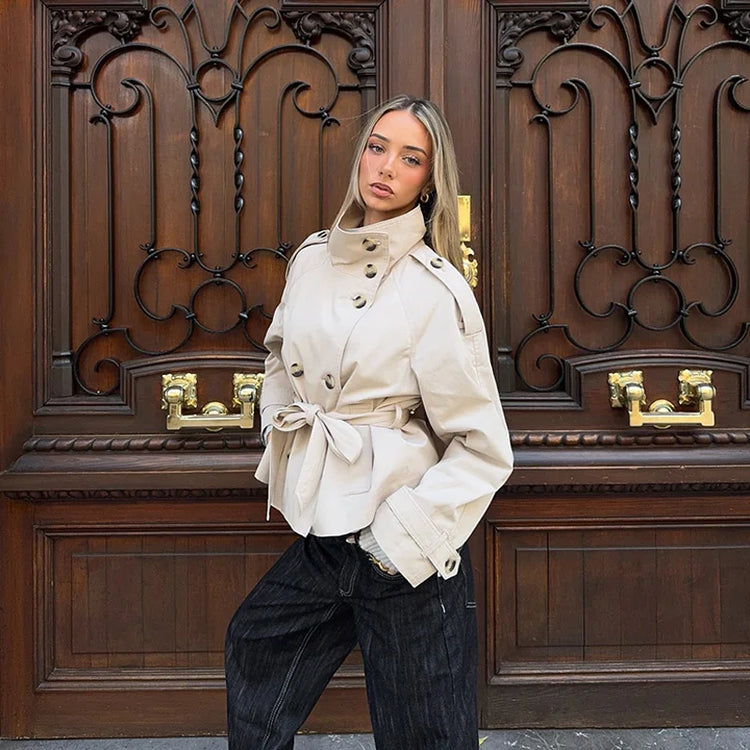 2026 Spring Women's Solid Lace Up Trench Coat Stand Collar Double Breasted Jacket Stylish New Lady Long Sleeve Outerwear Street