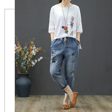 Amax luluE 2025 Moda Estate Streetwear Pantaloni in denim Donna Vintage Jeans elastici Donna Casual Allentato Ricamo Pantaloni Harem
