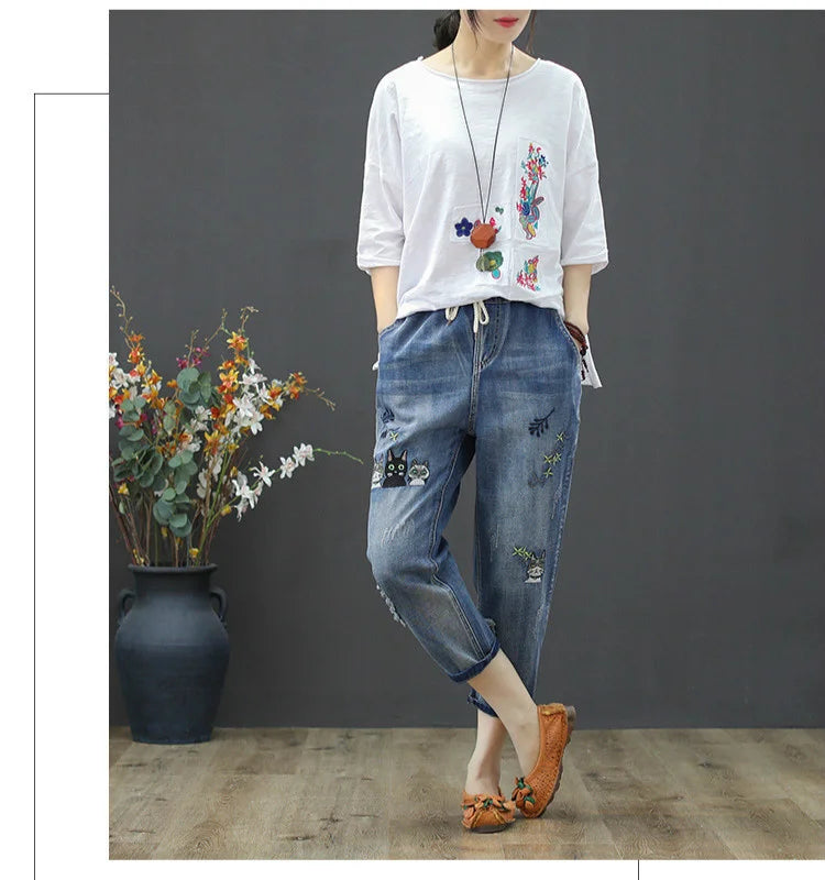 Amax luluE 2025 Moda Estate Streetwear Pantaloni in denim Donna Vintage Jeans elastici Donna Casual Allentato Ricamo Pantaloni Harem