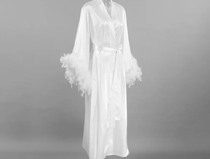 Piuma Blush Kimono Robe Boudoir Matrimonio Lunghezza pavimento Maxi Vestaglia Vestaglie Sposa per essere addio al nubilato Macchia Lingerie di seta