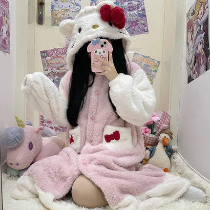 2025 Hello Kitty Pajamas Women'S Autumn And Winter Coral Velvet Thickened Bathrobe Cute Winter Nightgown Long Women'S Suit