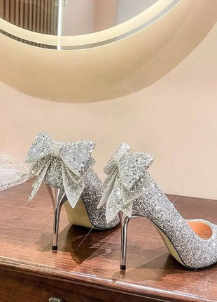 Shoes for Woman 2025 Silver Women's heeled Summer Footwear Wedding Bride Shoe Rhinestone Pointed Toe Super High Heel Diamond PlatiNum