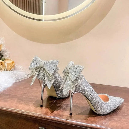 Shoes for Woman 2025 Silver Women's heeled Summer Footwear Wedding Bride Shoe Rhinestone Pointed Toe Super High Heel Diamond PlatiNum