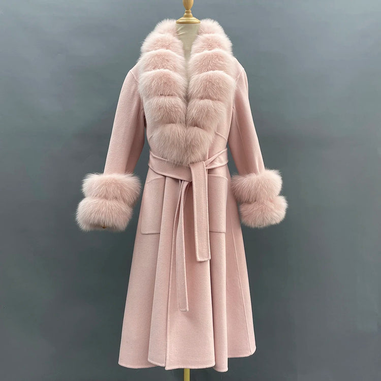 2022 New Arrival Women Wool Coat With Real Fox Fur Collar Cuff Slim Fit Elegant Belted Cashmere Long Coat Ladies Winter Coats