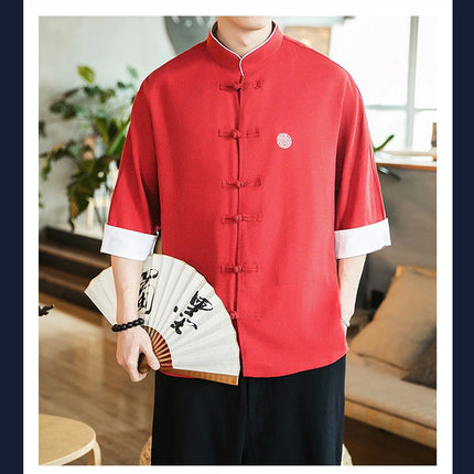 Camicia stile cinese da uomo Tang Suit Lino Kung Fu Cardigan maschile allentato Top Ricamo retrò Camicie kimono samurai giapponesi Streetwear