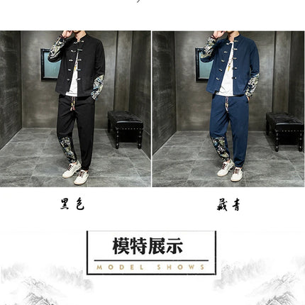 Completo Due Pezzi da Uomo, Nuovo Stile Primaverile in Lino, Comodo Completo Retrò Tang in Cotone Patchwork, Camicia Casual e Giacca Stampata Kung Fu