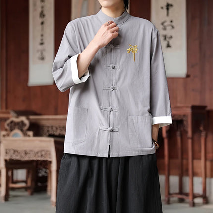 Camicie in cotone e lino Stile cinese retrò Tai Chi Kung Fu Camicie tradizionali Ricamo Camicia da uomo comoda e traspirante vestibilità ampia