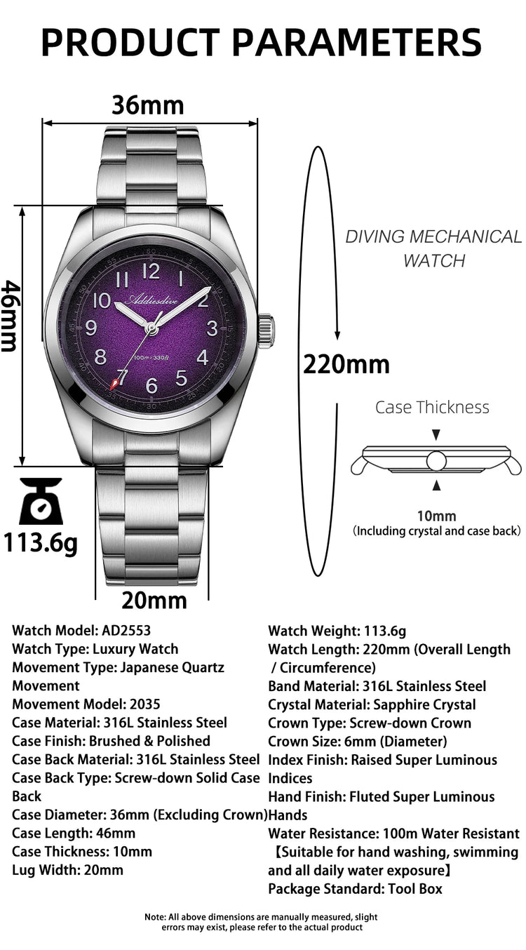 ADDIESDIVE 2026 New Luxury Men Quartz Watch 100M Waterproof Sapphire Glass Super Luminous Stainless Steel Business Wristwatches