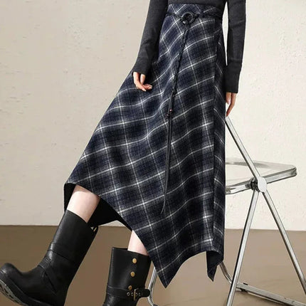 Women Faux Woolen Plaid Long Skirts Korean Vintage Belt Loose High Waist A Line Skirt Casual Fall Winter Irregular Retro Skirts PlatiNum