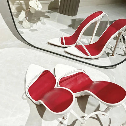 Black red sexy sandals metal buckle straps 12cm super high thin heel pointed open toe white handmade summer lady sandals LX032