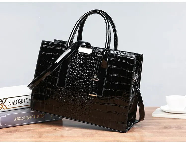 Luxury Vintage Women's Crocodile Pattern Handbag Large Capacity Tote Bag Leather Business Shoulder Bag For Female PlatiNum
