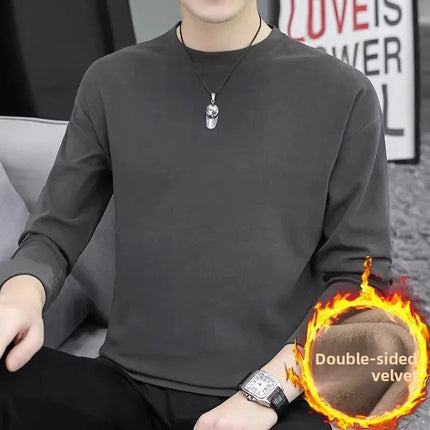 Thickened Double-sided Velvet Long Sleeve T-shirt Men's Underwear Solid Color Fleece-lined Heavyweight Crew Neck Base Shirt PlatiNum