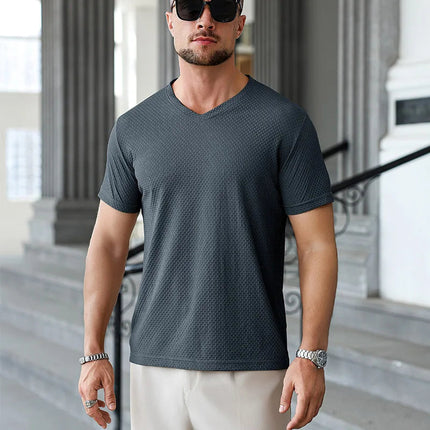 2025 New Men's Casual Short Sleeved Bone Flower Solid Color O-neck T-shirt Fashion Breathable Comfortable Summer Versatile Top PlatiNum