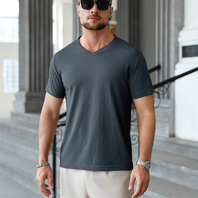 2025 New Men's Casual Short Sleeved Bone Flower Solid Color O-neck T-shirt Fashion Breathable Comfortable Summer Versatile Top PlatiNum