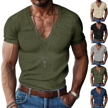Men's European and American Summer Corduroy Solid Color Slim Casual V-Neck T-Shirt Amazon
