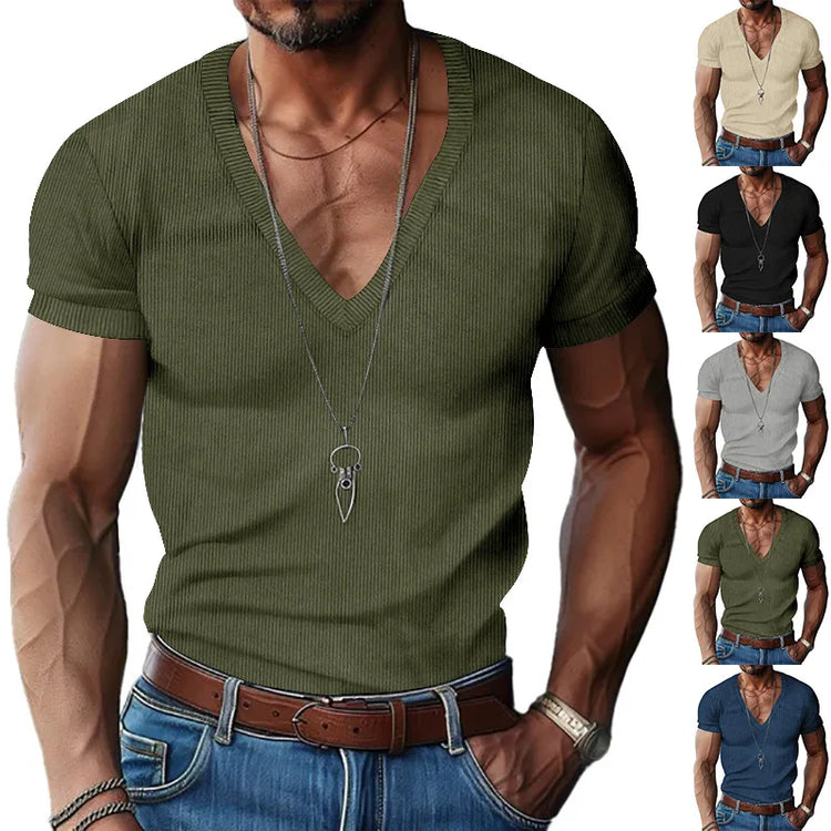 T-shirt casual slim tinta unita con scollo a V da uomo estiva europea e americana in velluto a coste da uomo Amazon